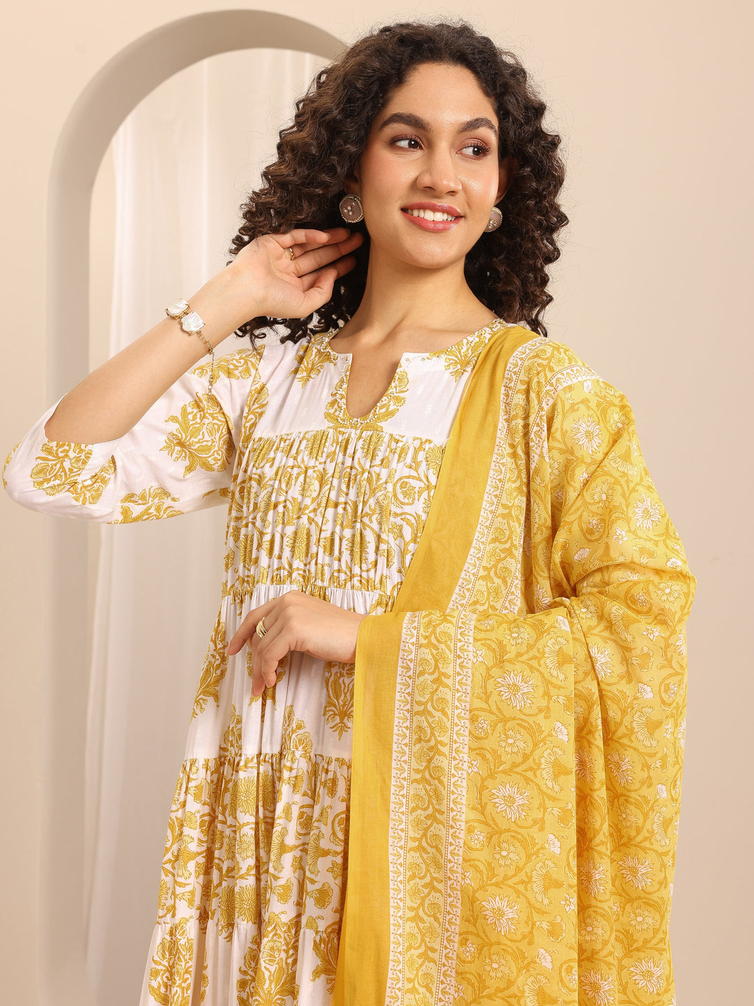 Yellow Printed Cotton Blend Anarkali Suit Set With Dupatta