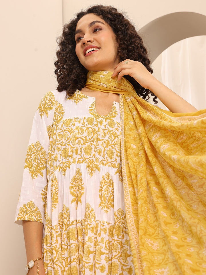 Yellow Printed Cotton Blend Anarkali Suit Set With Dupatta