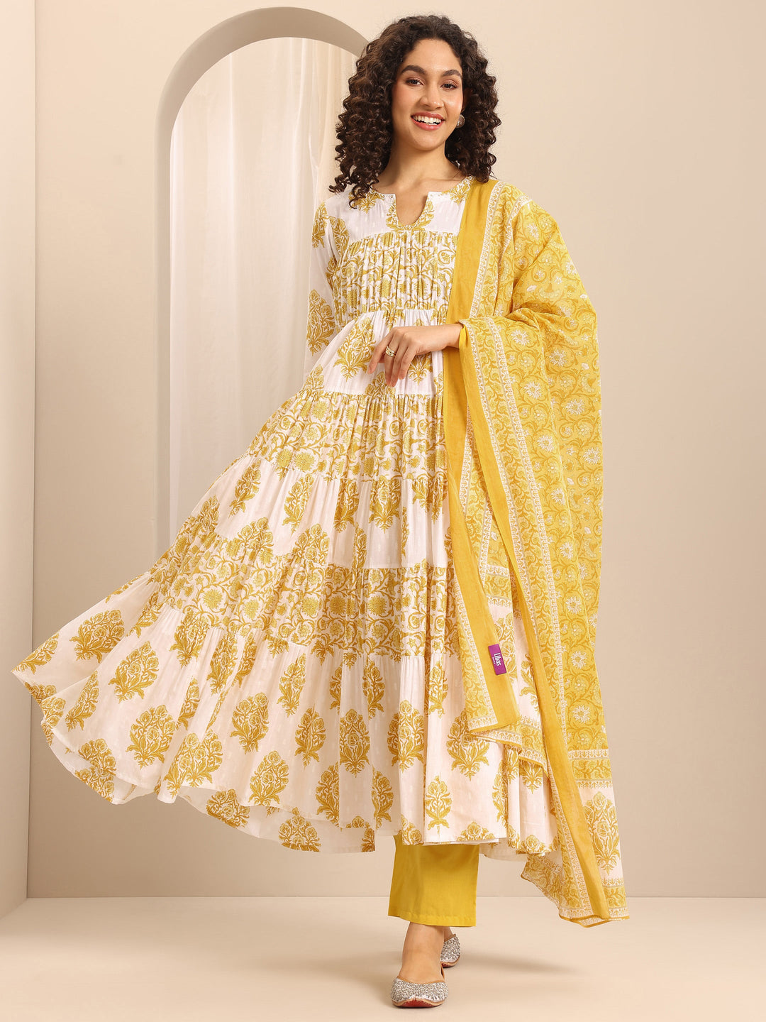 Yellow Printed Cotton Blend Anarkali Suit Set With Dupatta