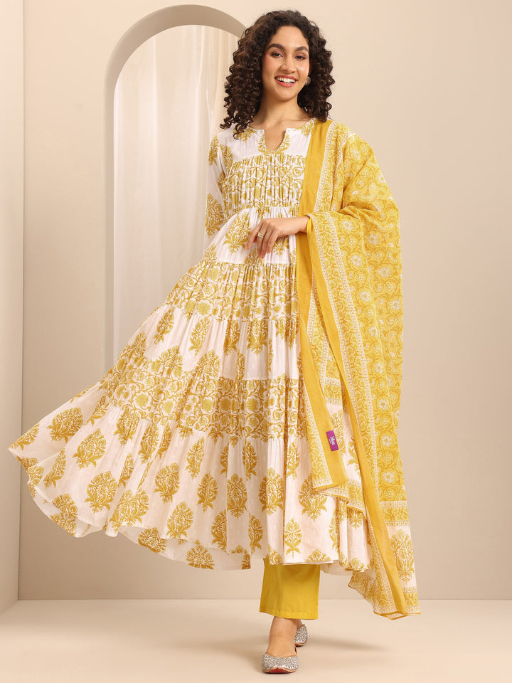 Yellow Printed Cotton Blend Anarkali Suit Set With Dupatta