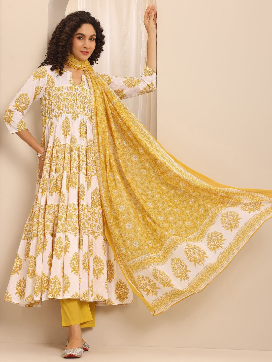 Yellow Printed Cotton Blend Anarkali Suit Set With Dupatta