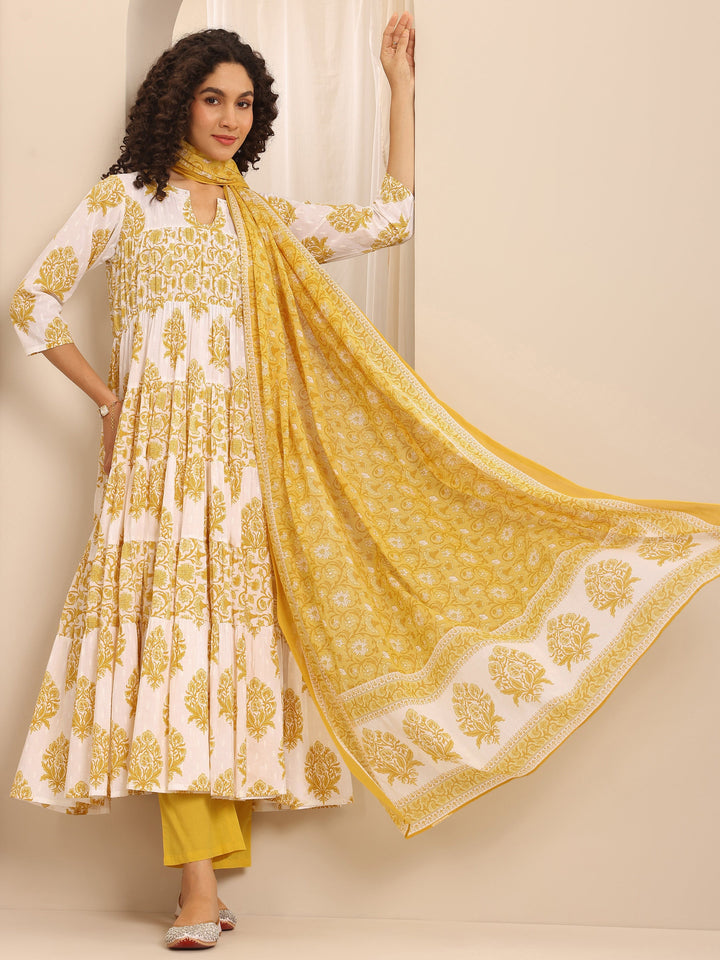 Yellow Printed Cotton Blend Anarkali Suit Set With Dupatta
