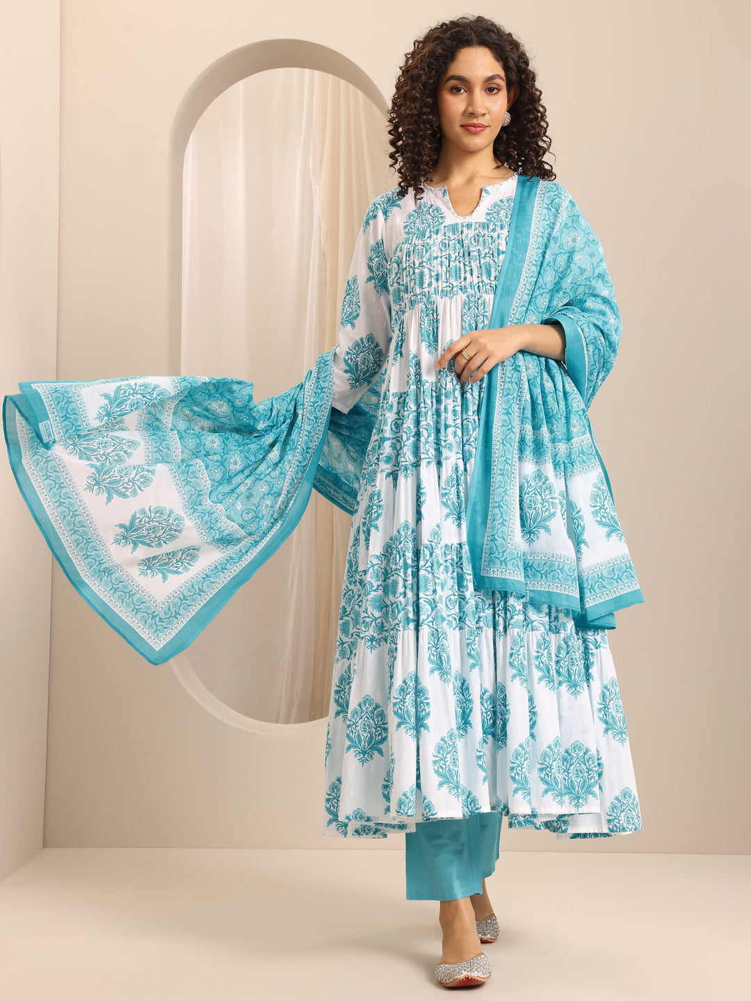 Blue Printed Cotton Blend Anarkali Suit Set With Dupatta
