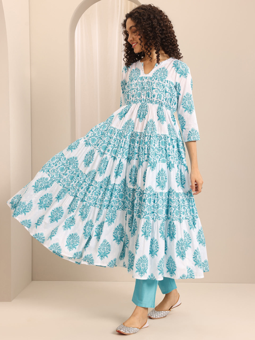 Blue Printed Cotton Blend Anarkali Suit Set With Dupatta