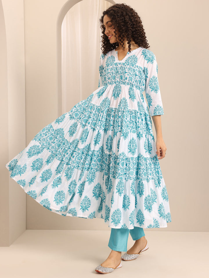 Blue Printed Cotton Blend Anarkali Suit Set With Dupatta