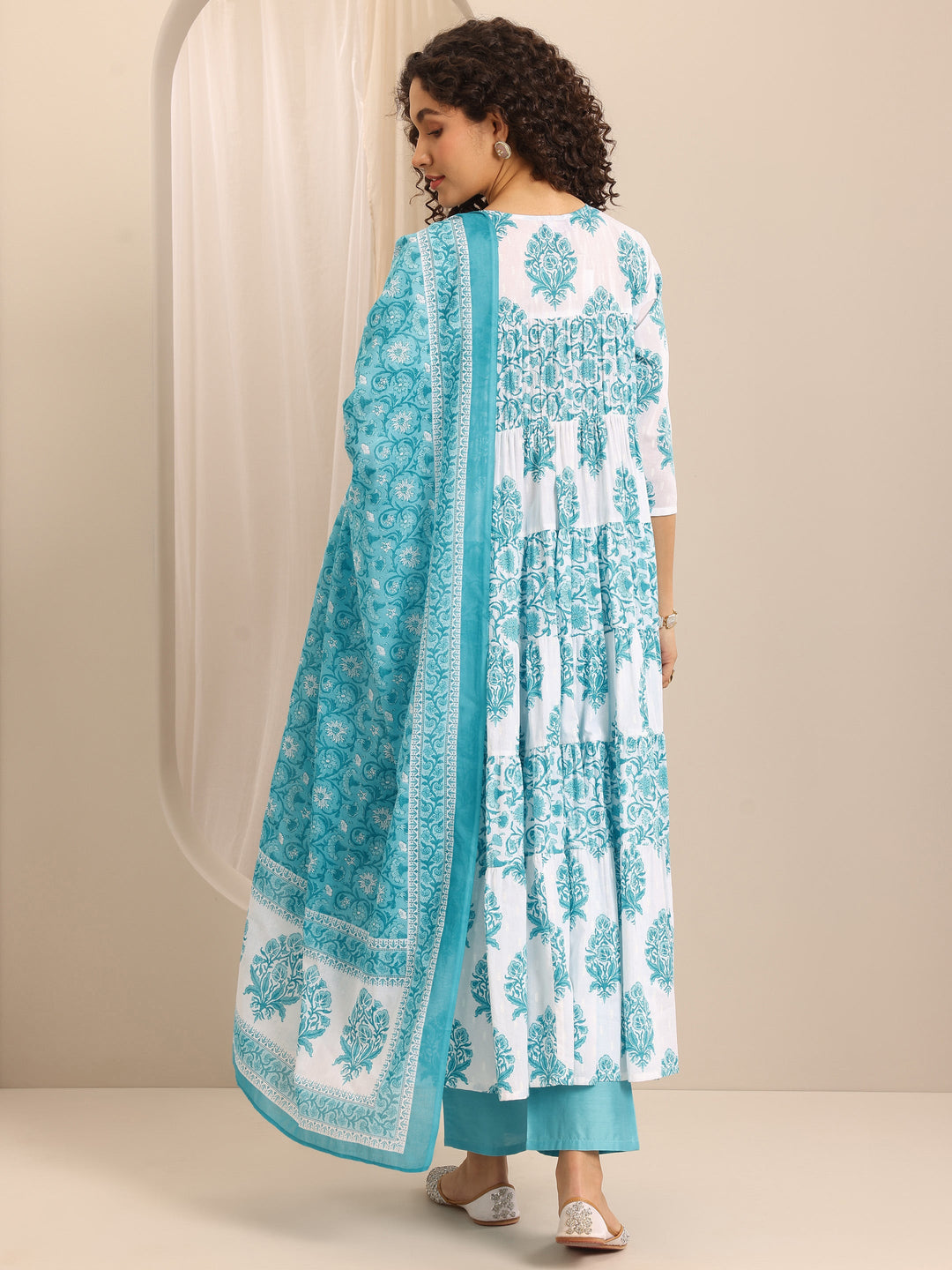 Blue Printed Cotton Blend Anarkali Suit Set With Dupatta