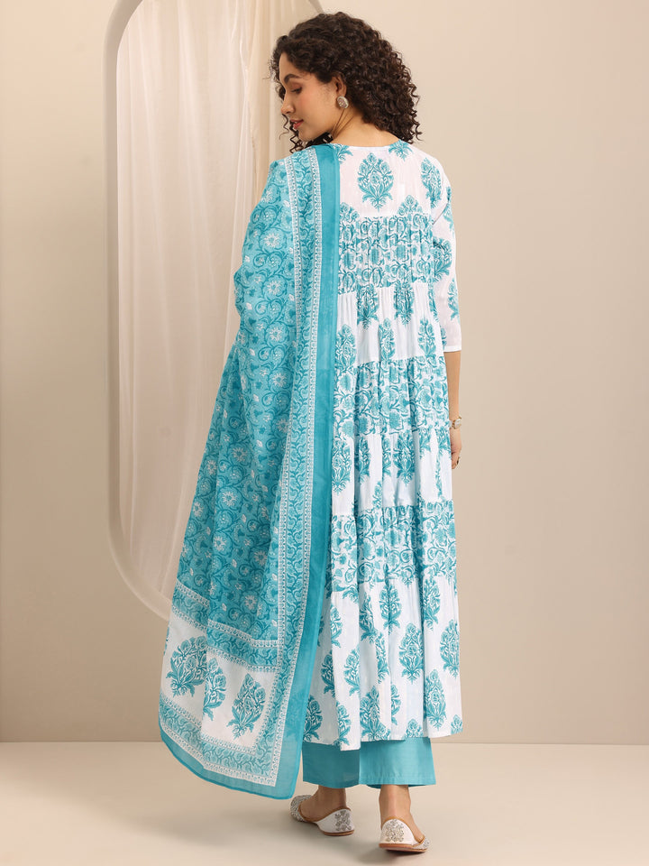 Blue Printed Cotton Blend Anarkali Suit Set With Dupatta