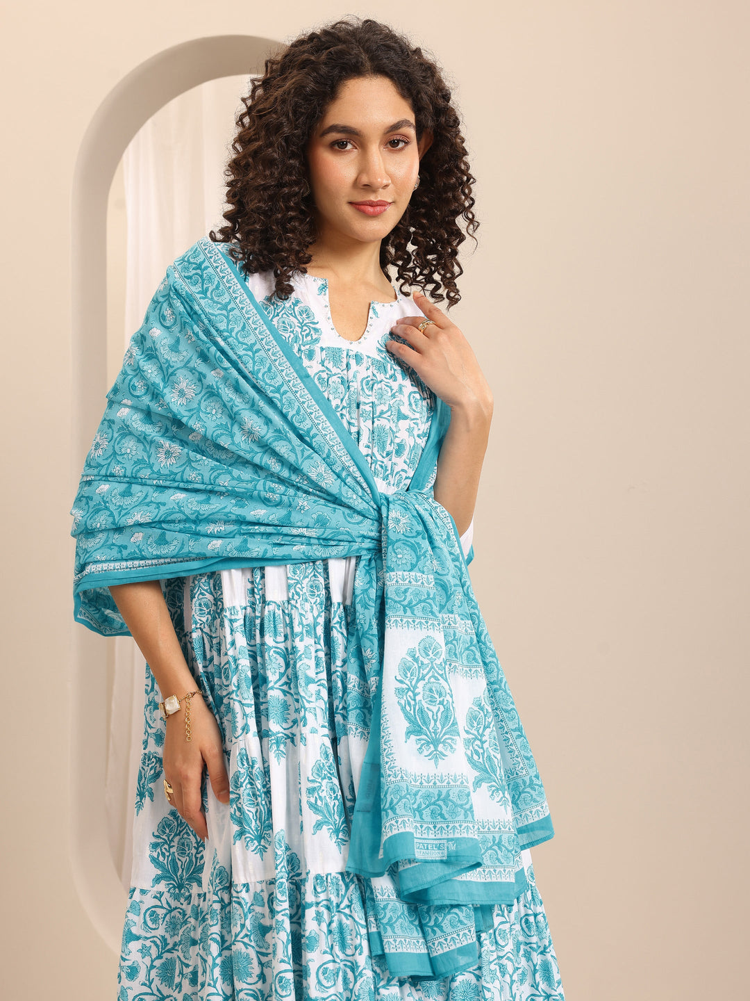 Blue Printed Cotton Blend Anarkali Suit Set With Dupatta