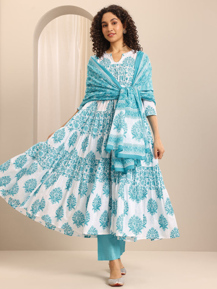 Blue Printed Cotton Blend Anarkali Suit Set With Dupatta