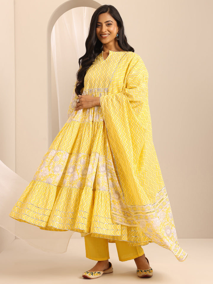 Yellow Printed Cotton Blend Anarkali Suit Set With Dupatta