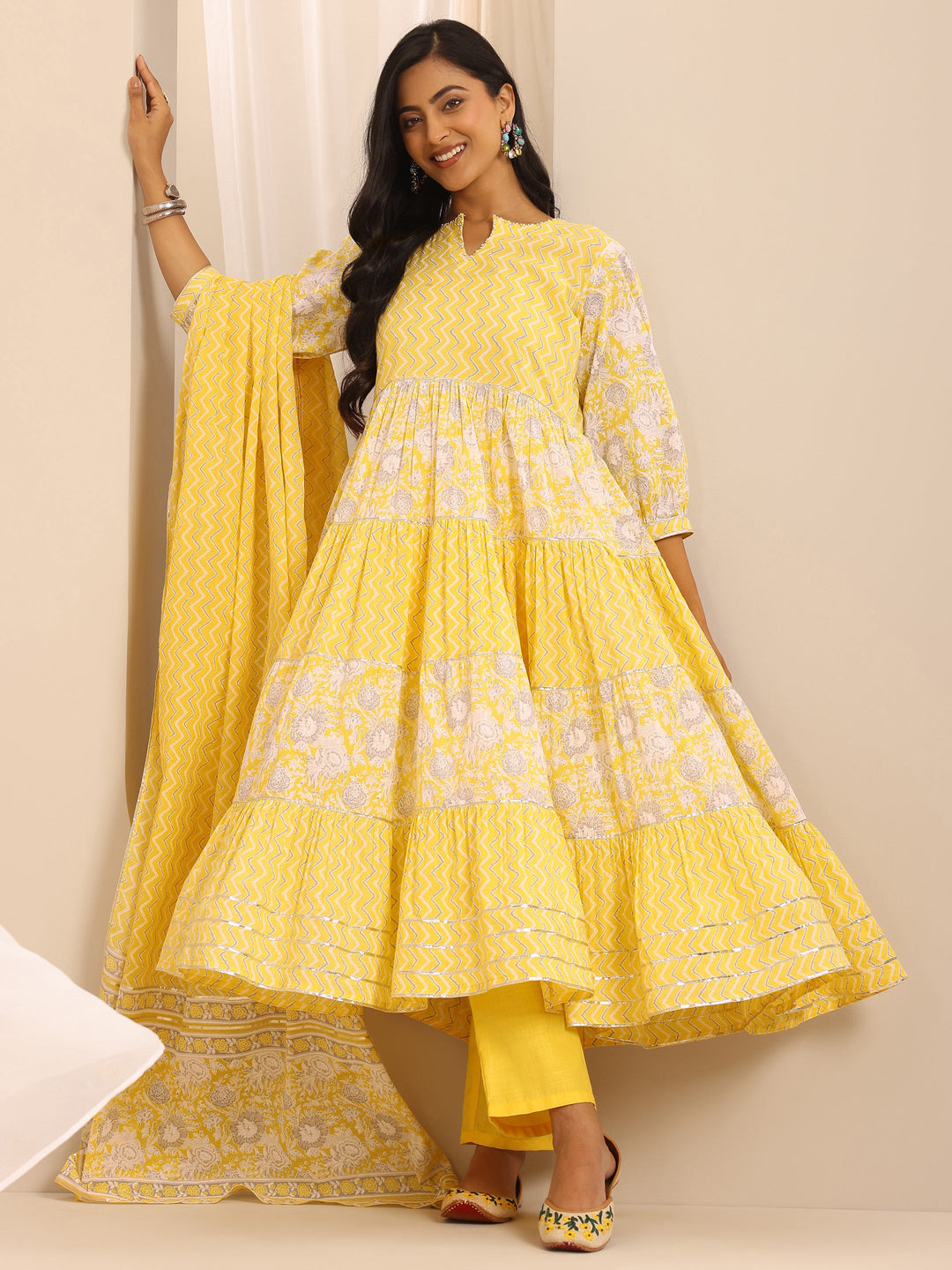Yellow Printed Cotton Blend Anarkali Suit Set With Dupatta