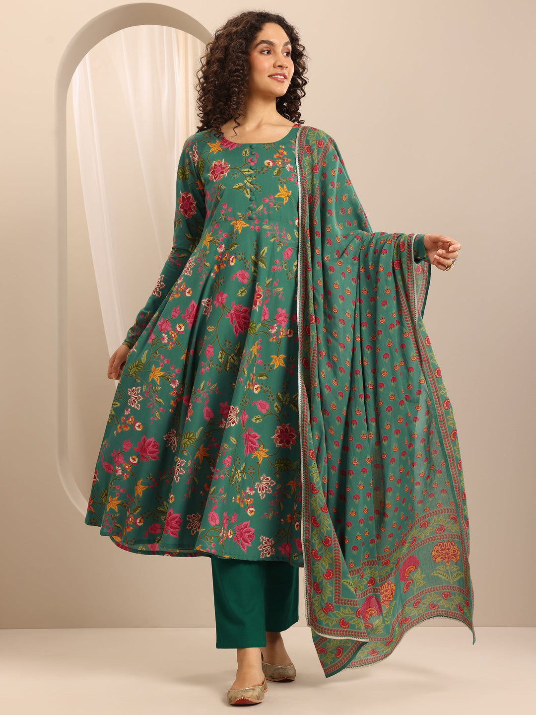 Green Printed Cotton Blend Anarkali Suit Set With Dupatta