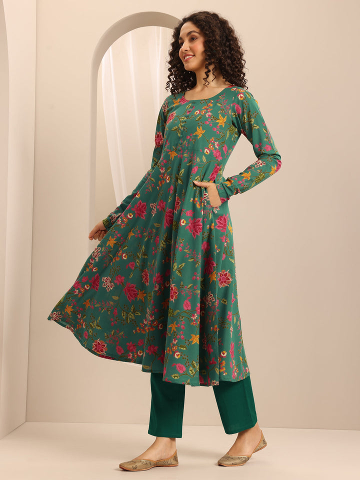 Green Printed Cotton Blend Anarkali Suit Set With Dupatta