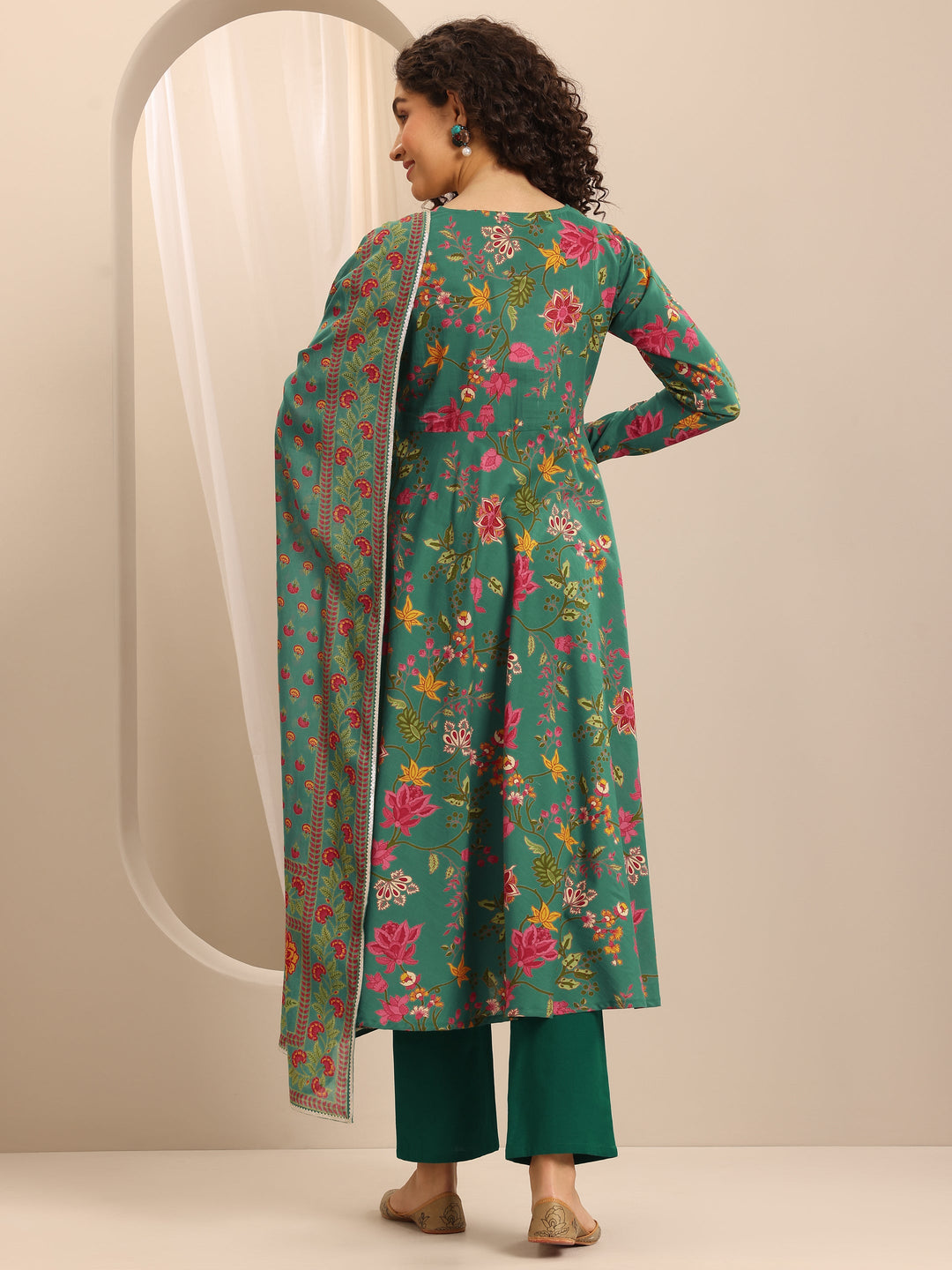 Green Printed Cotton Blend Anarkali Suit Set With Dupatta