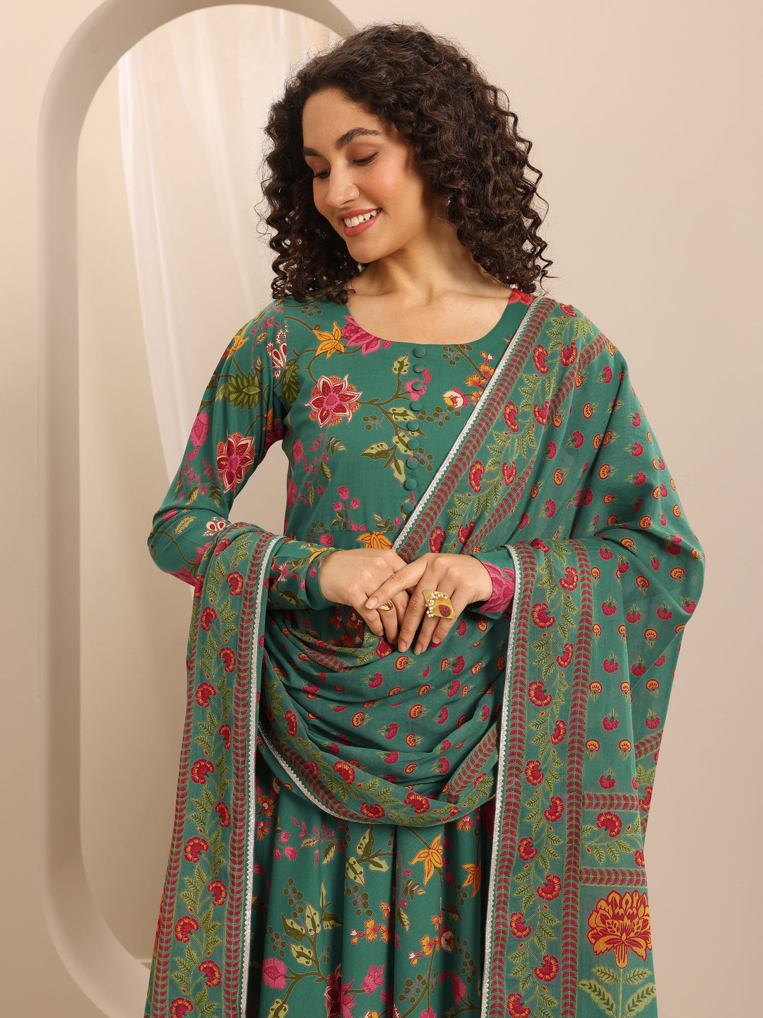 Green Printed Cotton Blend Anarkali Suit Set With Dupatta