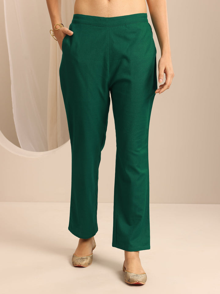 Green Printed Cotton Blend Anarkali Suit Set With Dupatta