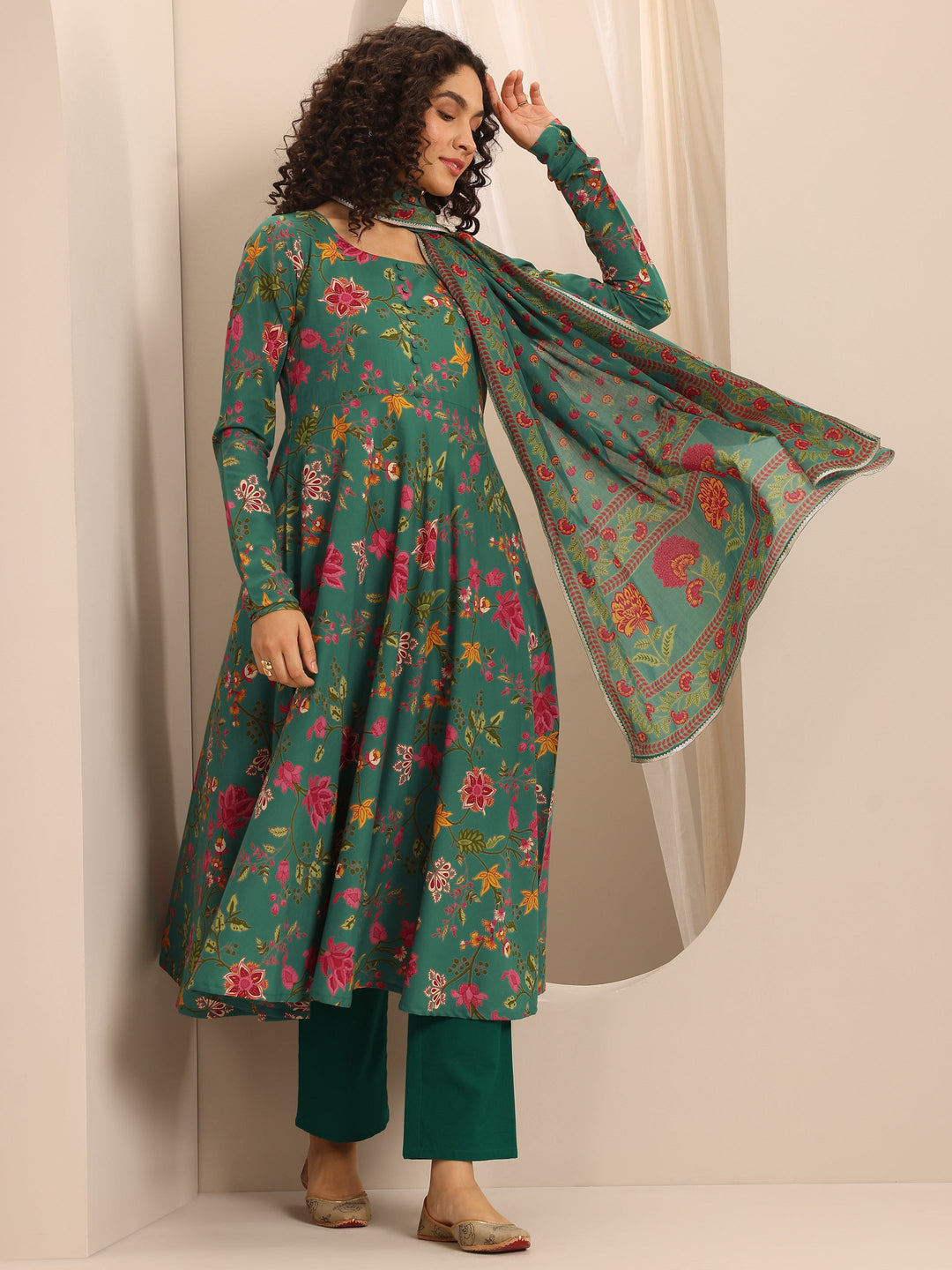 Green Printed Cotton Blend Anarkali Suit Set With Dupatta