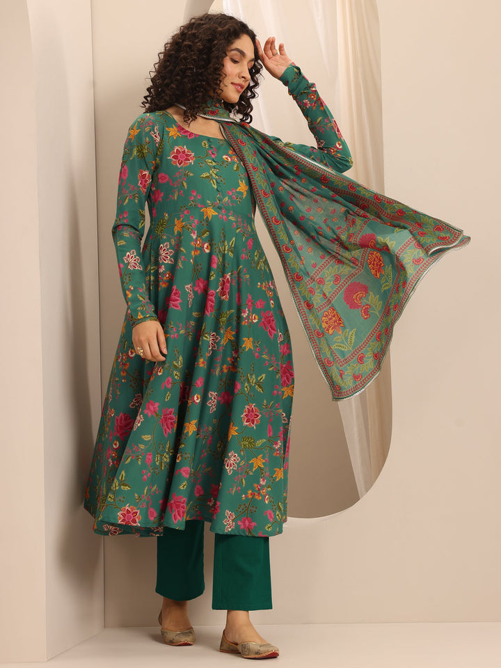 Green Printed Cotton Blend Anarkali Suit Set With Dupatta