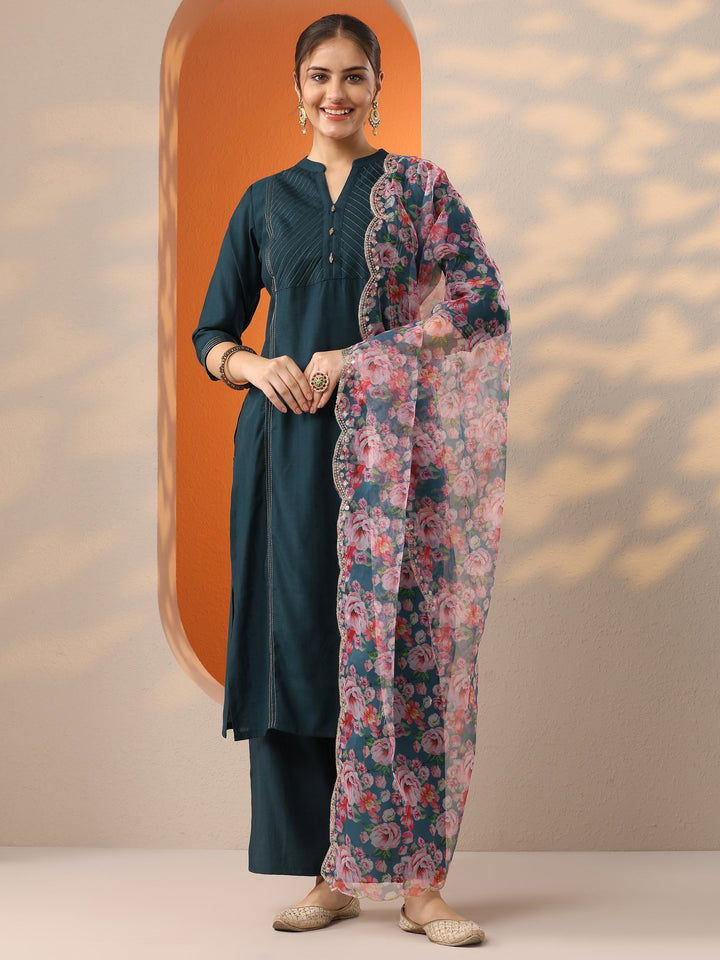 Teal Woven Design Silk Blend Straight Suit Set With Dupatta