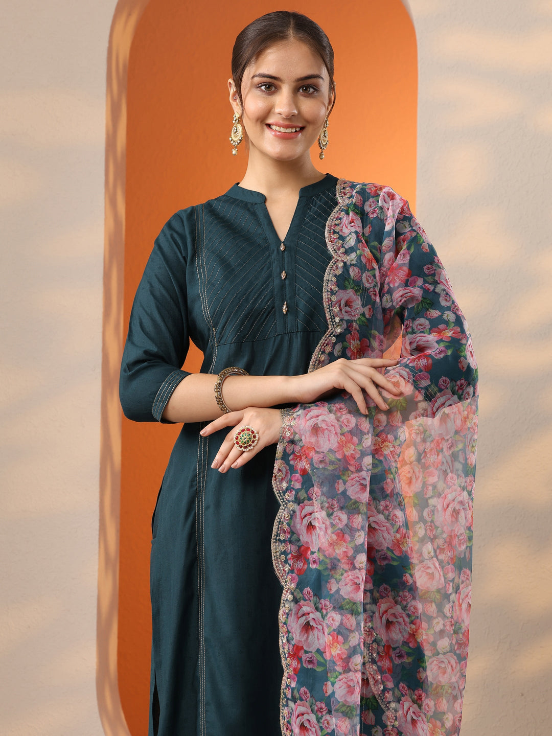 Teal Woven Design Silk Blend Straight Suit Set With Dupatta