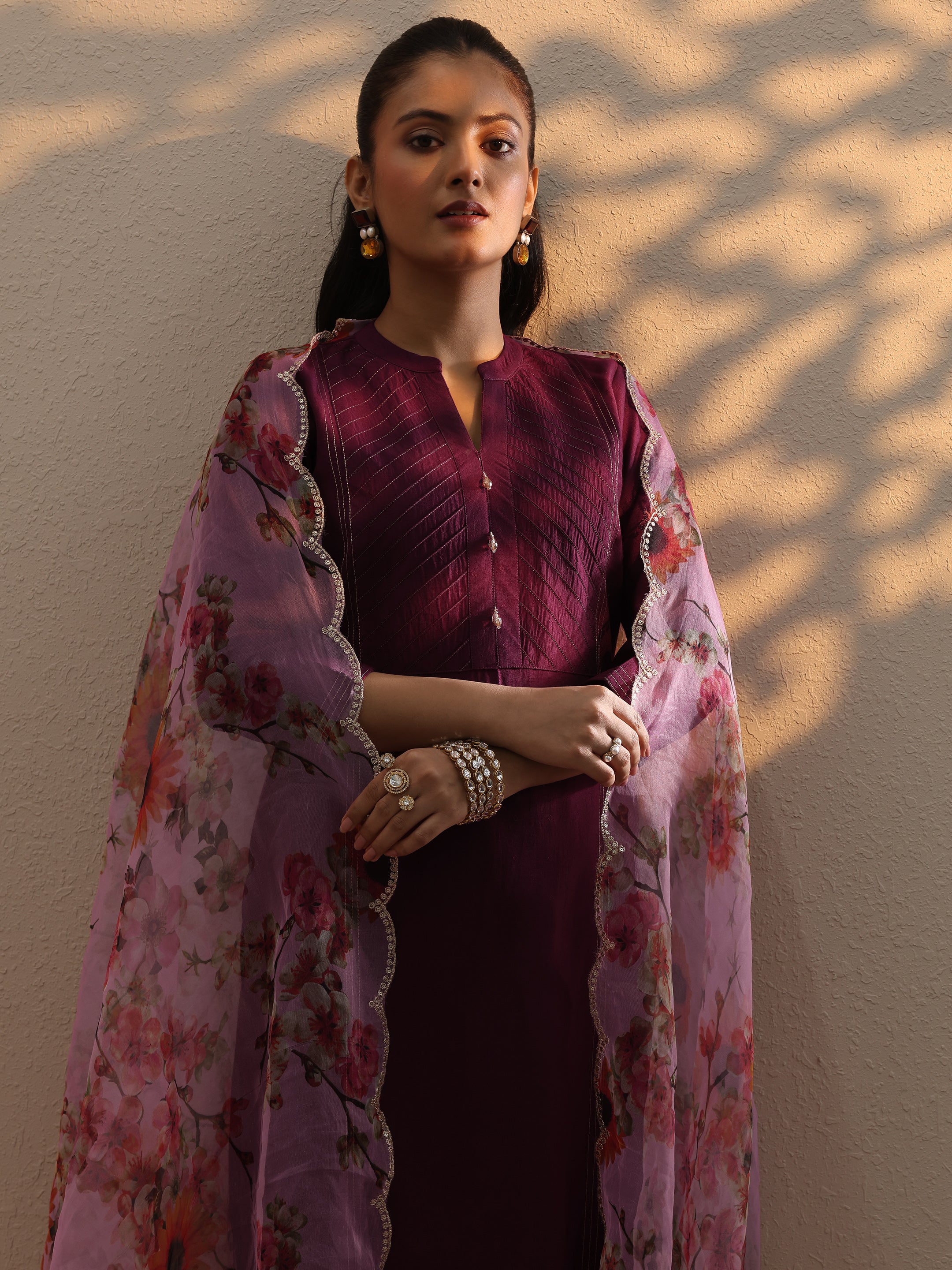Blue Printed Silk Blend Straight Suit Set