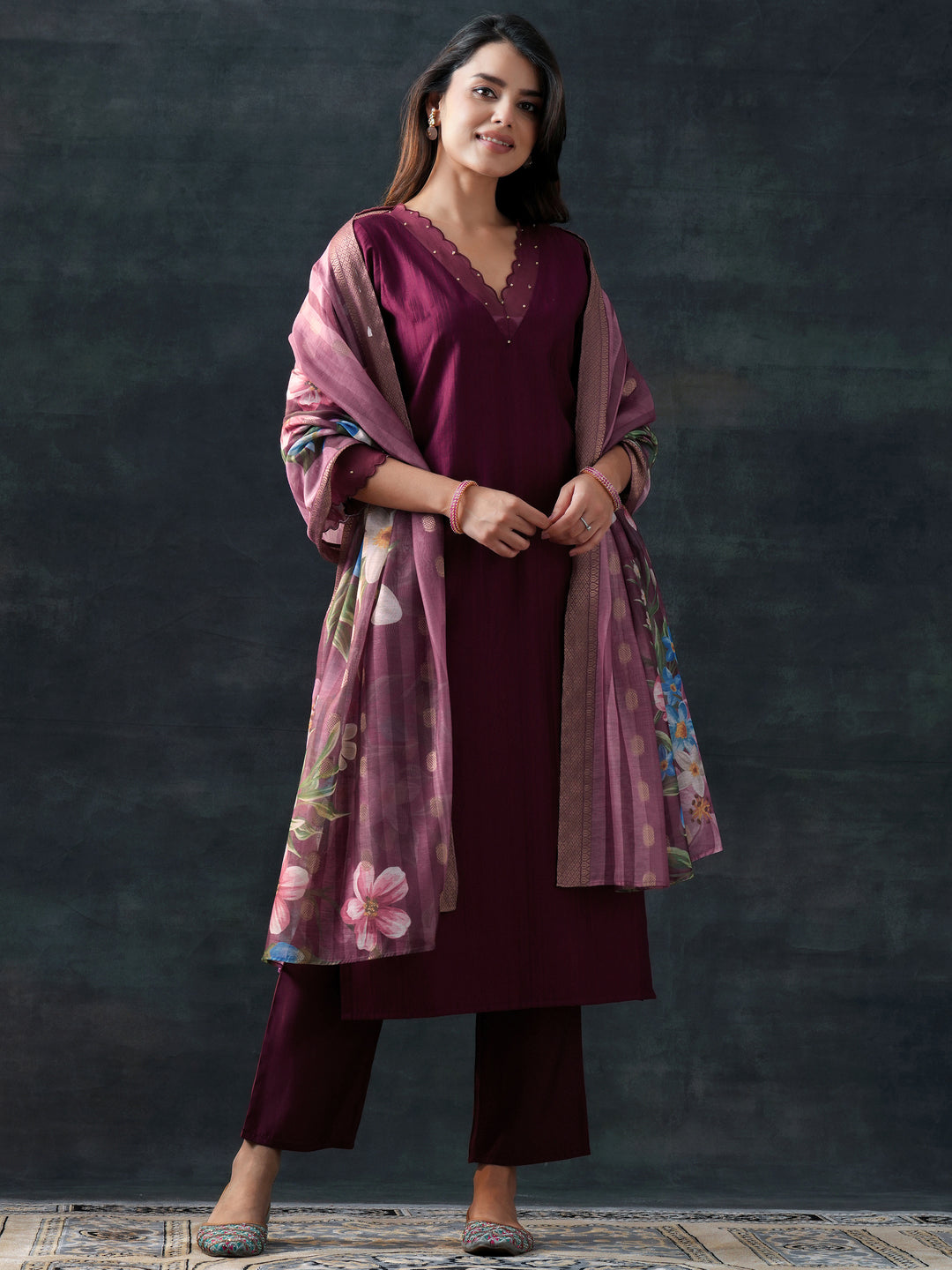 Burgundy Woven Design Silk Blend Straight Suit Set With Dupatta
