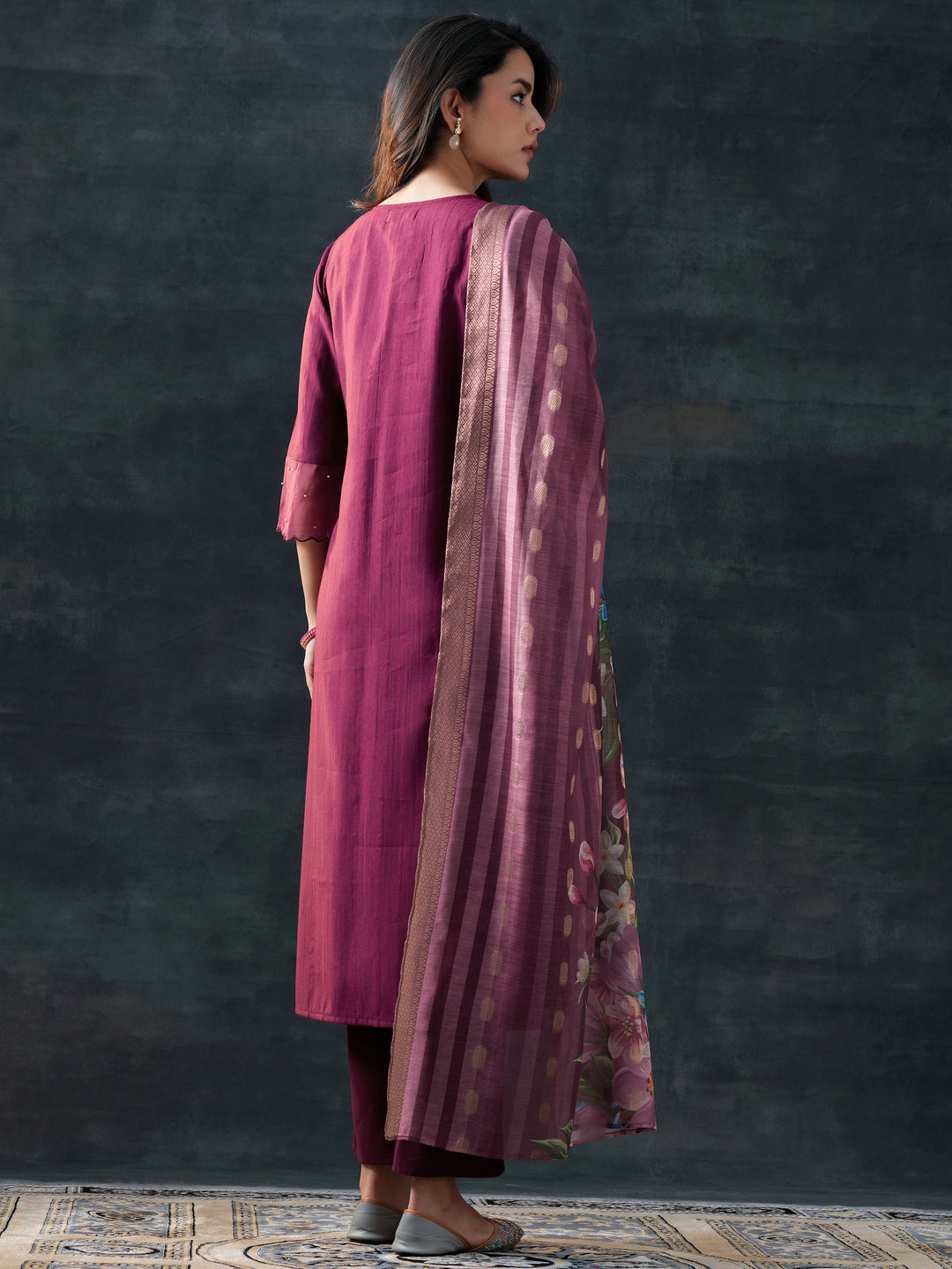 Burgundy Woven Design Silk Blend Straight Suit Set With Dupatta