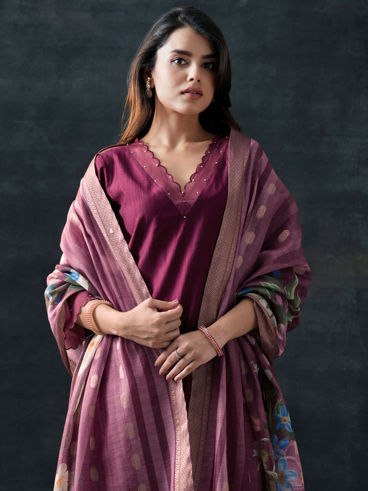 Burgundy Woven Design Silk Blend Straight Suit Set With Dupatta