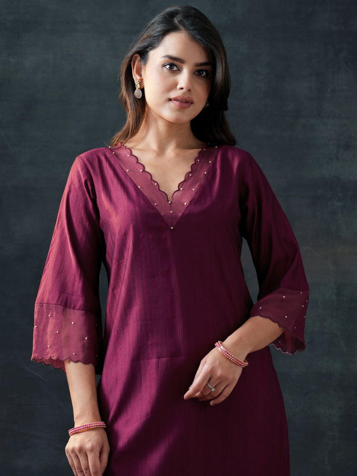 Burgundy Woven Design Silk Blend Straight Suit Set With Dupatta