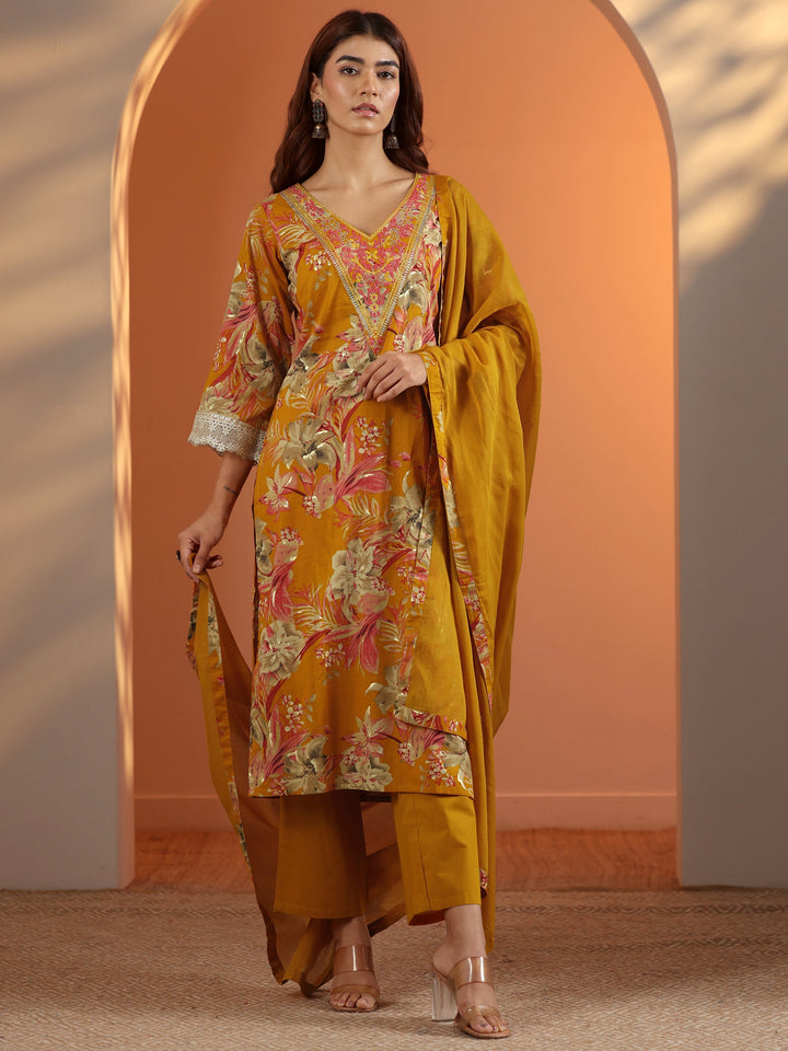 Mustard Printed Cotton Straight Suit Set With Dupatta