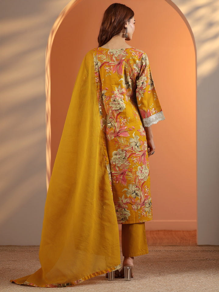 Mustard Printed Cotton Straight Suit Set With Dupatta
