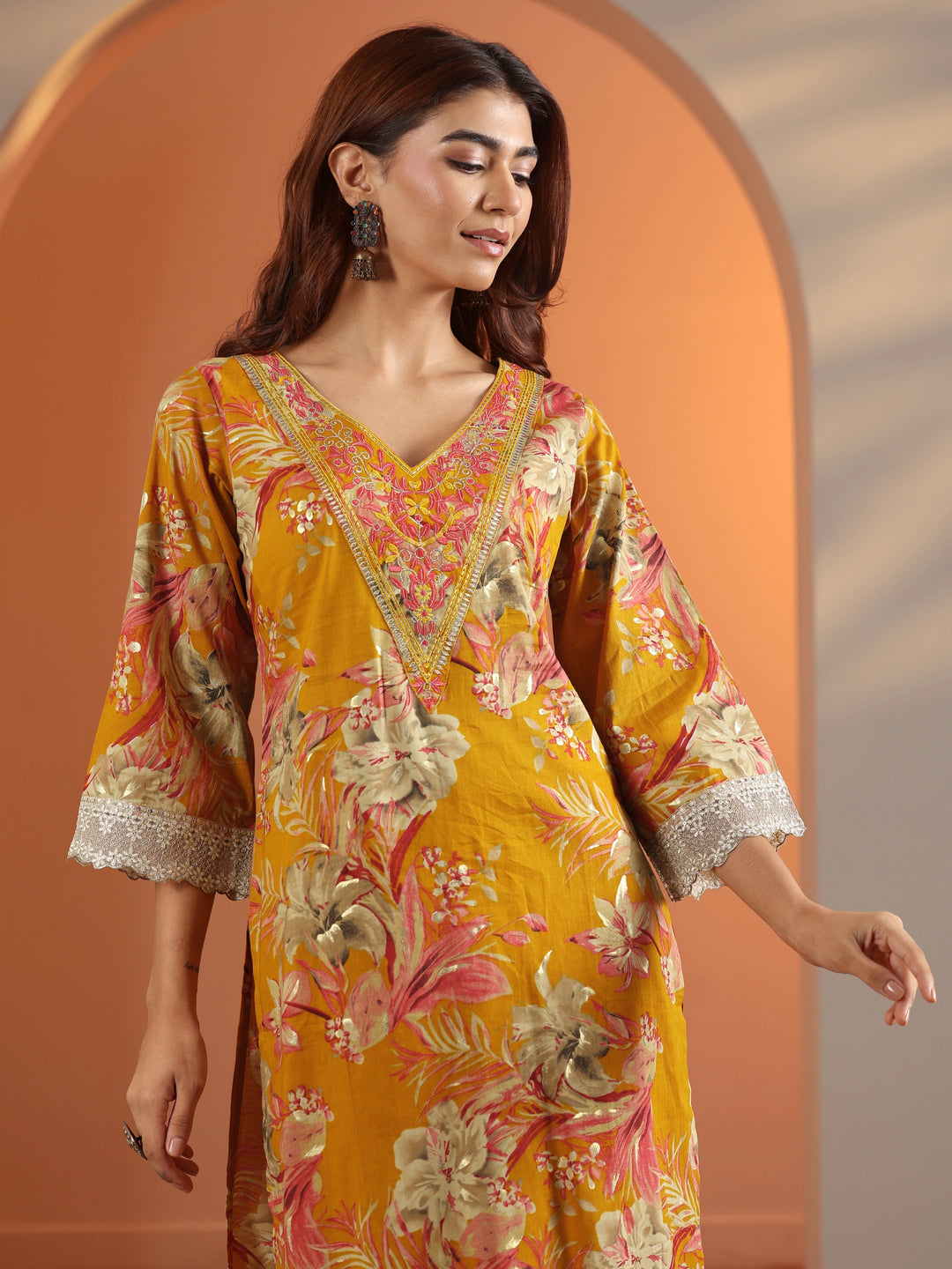 Mustard Printed Cotton Straight Suit Set With Dupatta