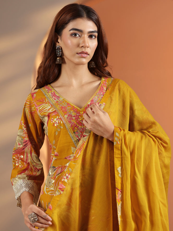 Mustard Printed Cotton Straight Suit Set With Dupatta