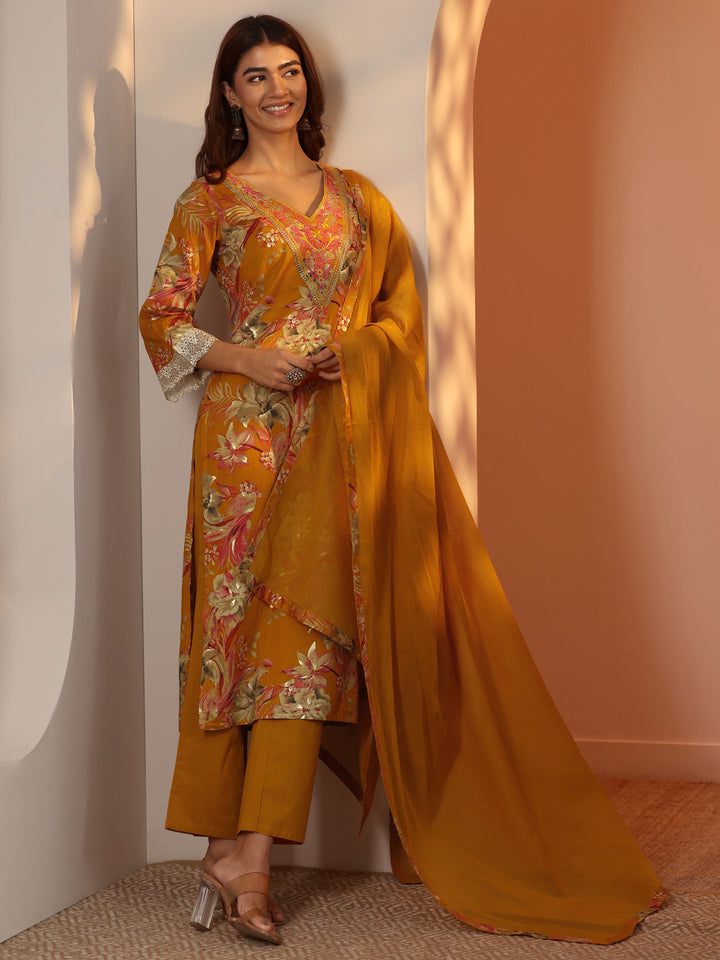 Mustard Printed Cotton Straight Suit Set With Dupatta