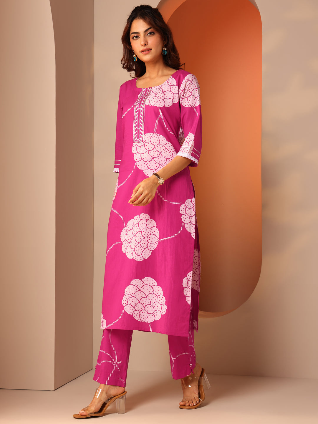 Pink Printed Cotton Straight Suit Set With Dupatta