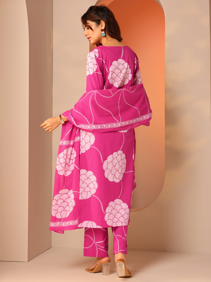 Pink Printed Cotton Straight Suit Set With Dupatta
