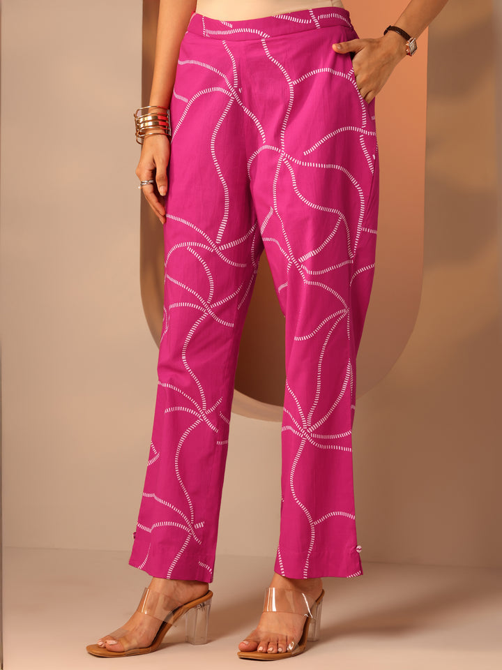 Pink Printed Cotton Straight Suit Set With Dupatta