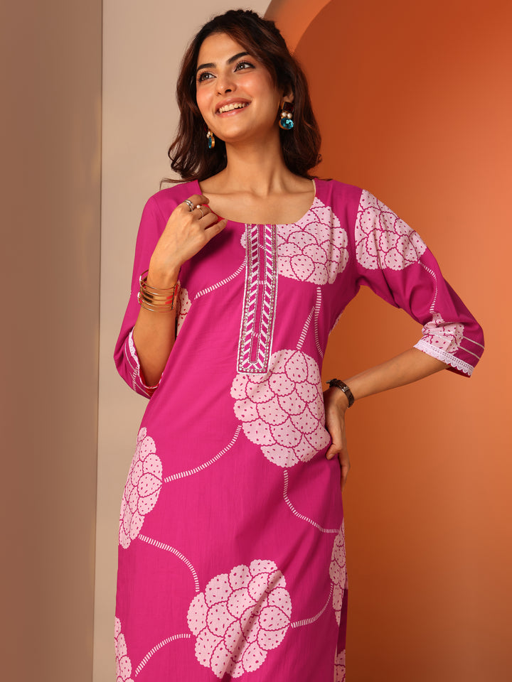 Pink Printed Cotton Straight Suit Set With Dupatta