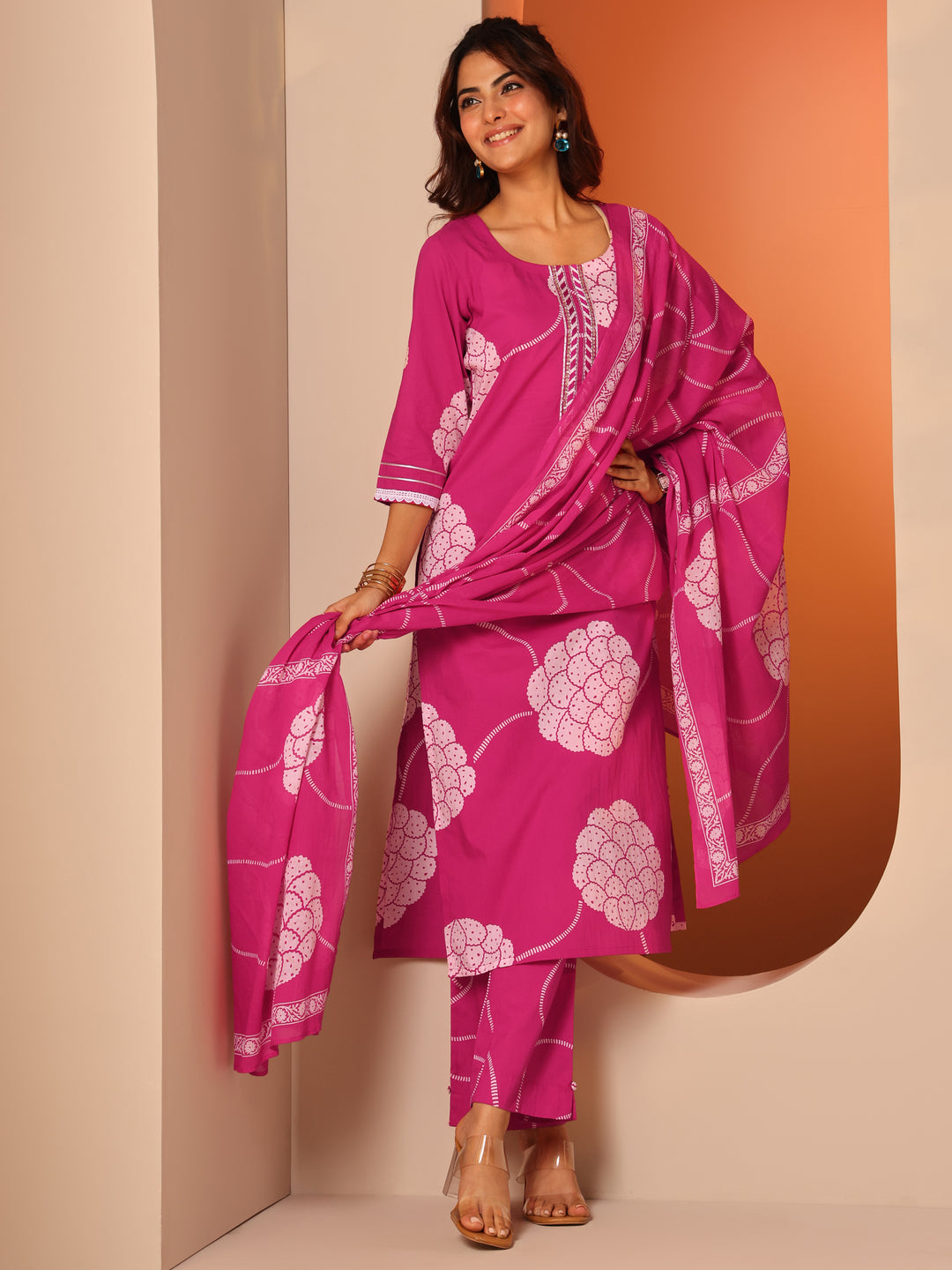 Pink Printed Cotton Straight Suit Set With Dupatta