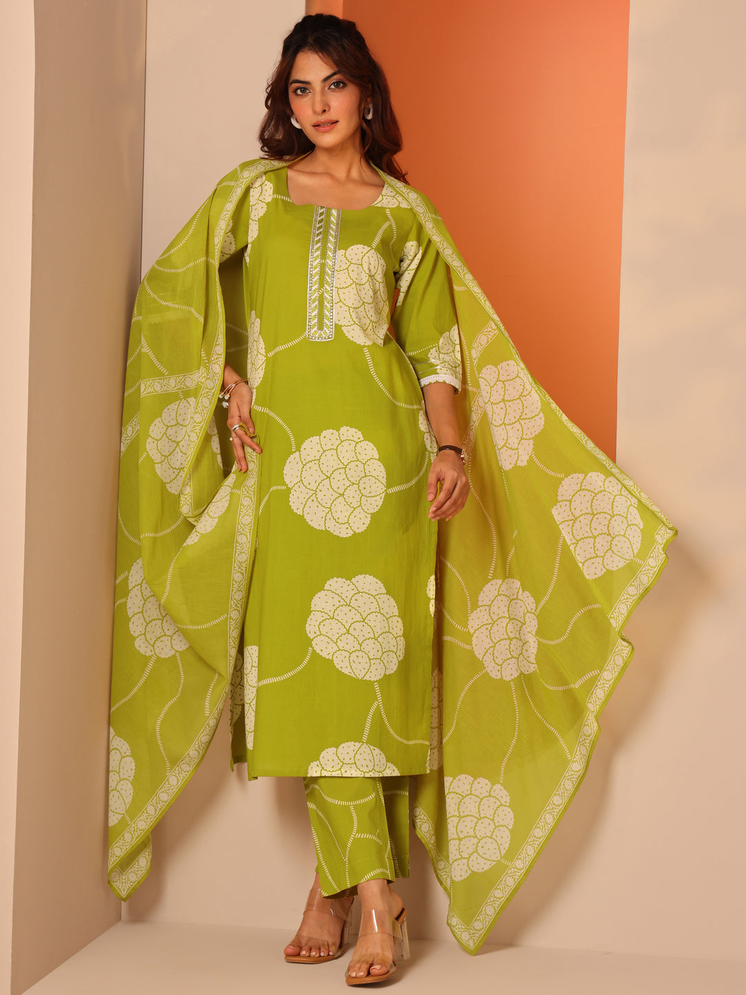 Green Printed Cotton Straight Suit Set With Dupatta