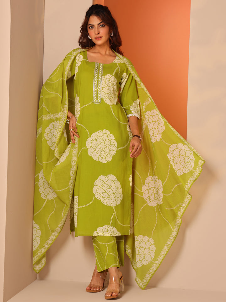Green Printed Cotton Straight Suit Set With Dupatta