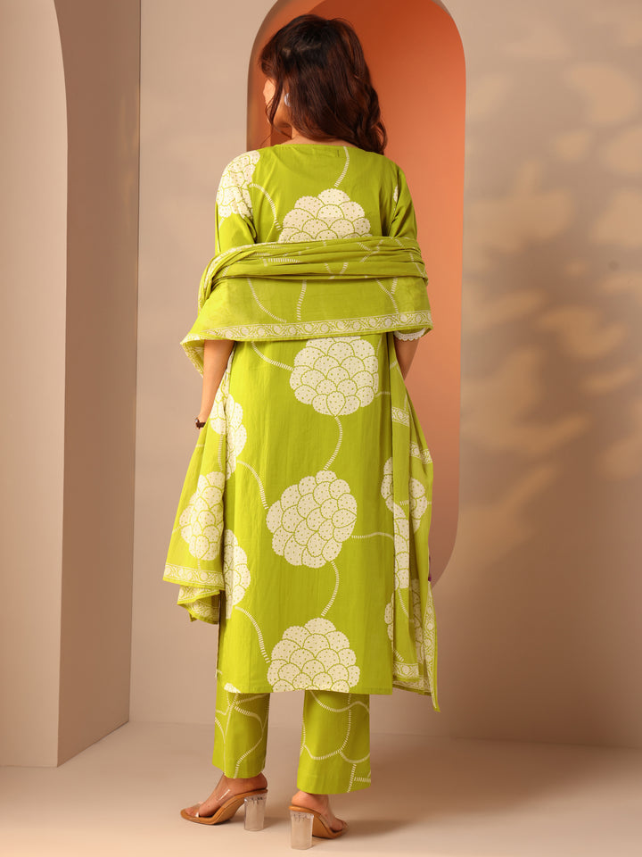 Green Printed Cotton Straight Suit Set With Dupatta