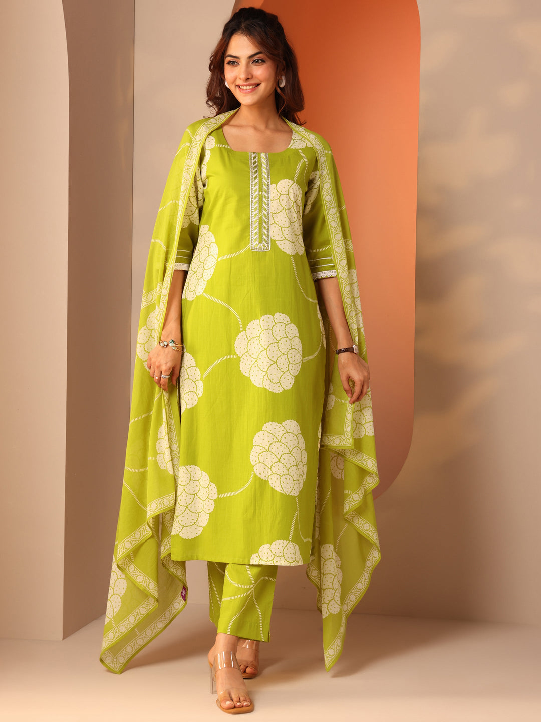 Green Printed Cotton Straight Suit Set With Dupatta