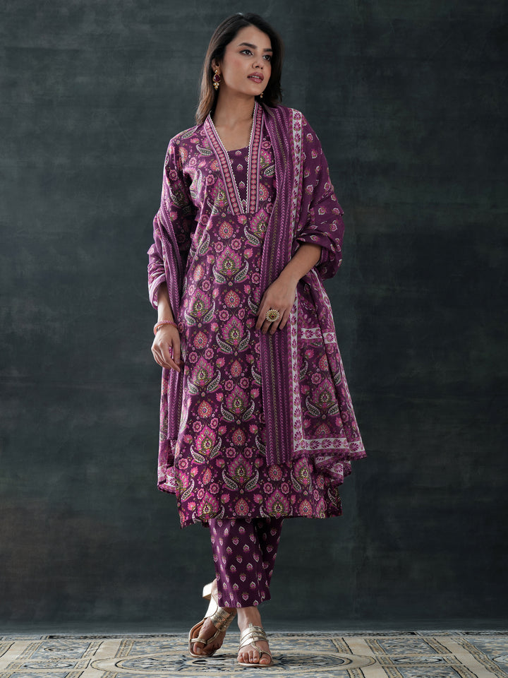 Burgundy Printed Cotton Straight Suit Set With Dupatta
