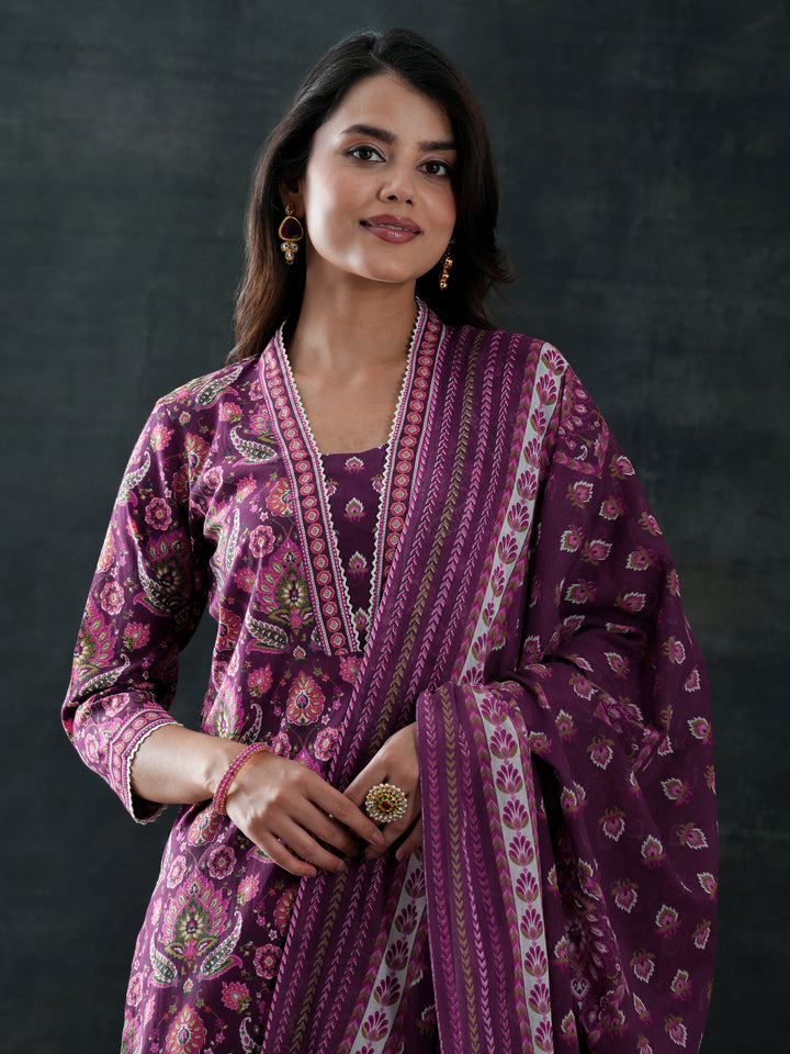 Burgundy Printed Cotton Straight Suit Set With Dupatta