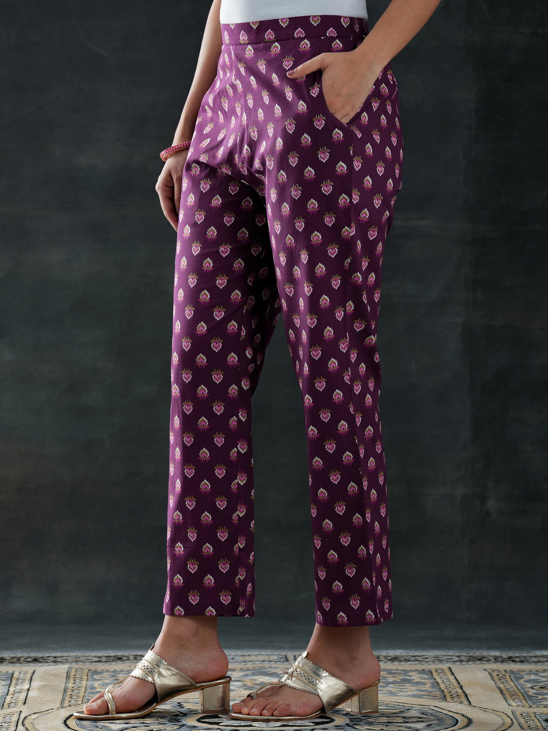 Burgundy Printed Cotton Straight Suit Set With Dupatta