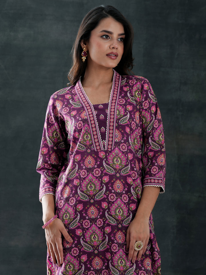 Burgundy Printed Cotton Straight Suit Set With Dupatta