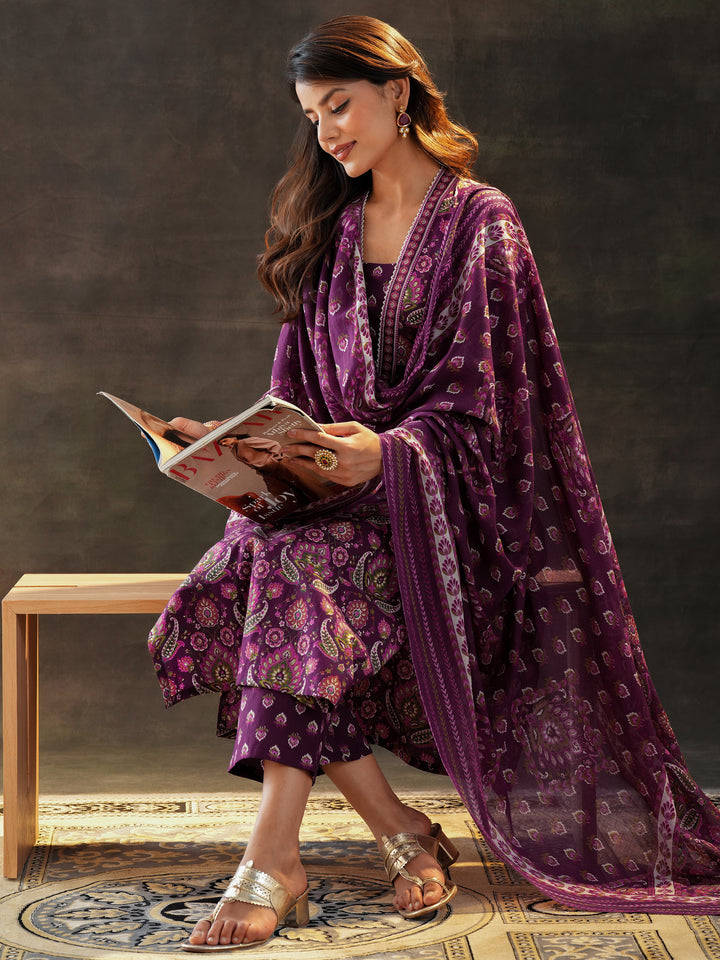 Burgundy Printed Cotton Straight Suit Set With Dupatta