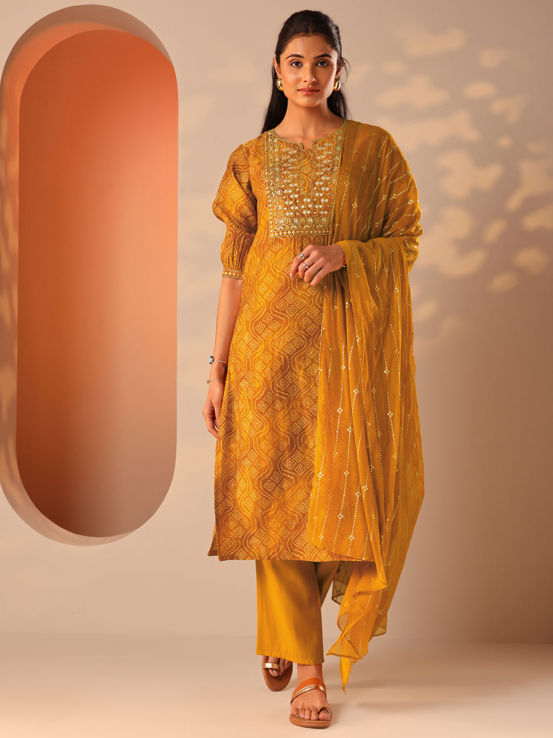 Mustard Printed Silk Blend Straight Suit Set With Dupatta