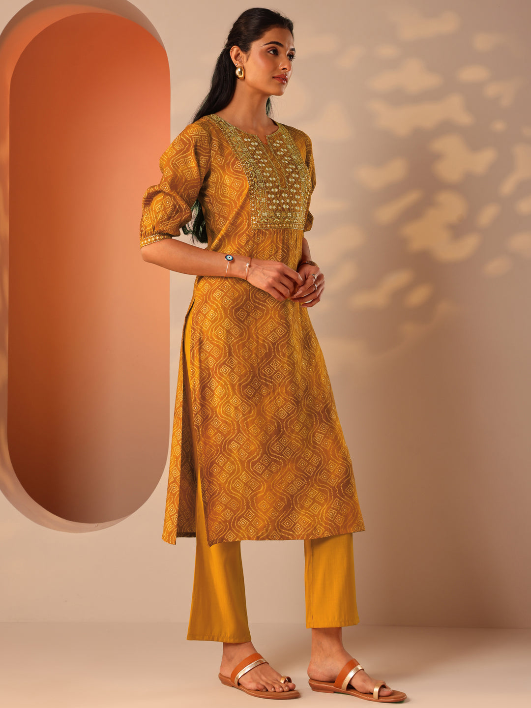 Mustard Printed Silk Blend Straight Suit Set With Dupatta